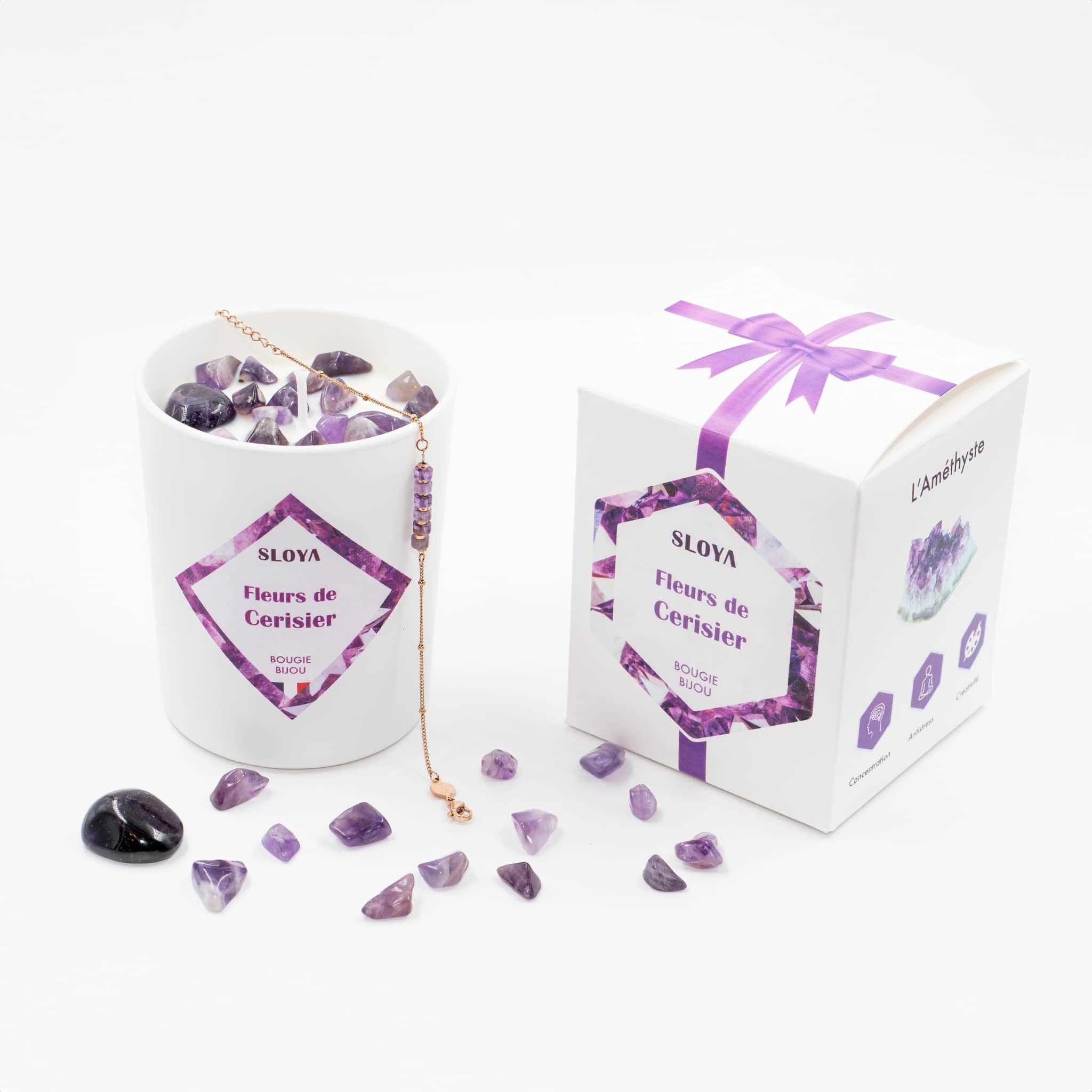 Bougie bijou pierres Améthyste - parfum Fleur de Cerisier - SLOYA
